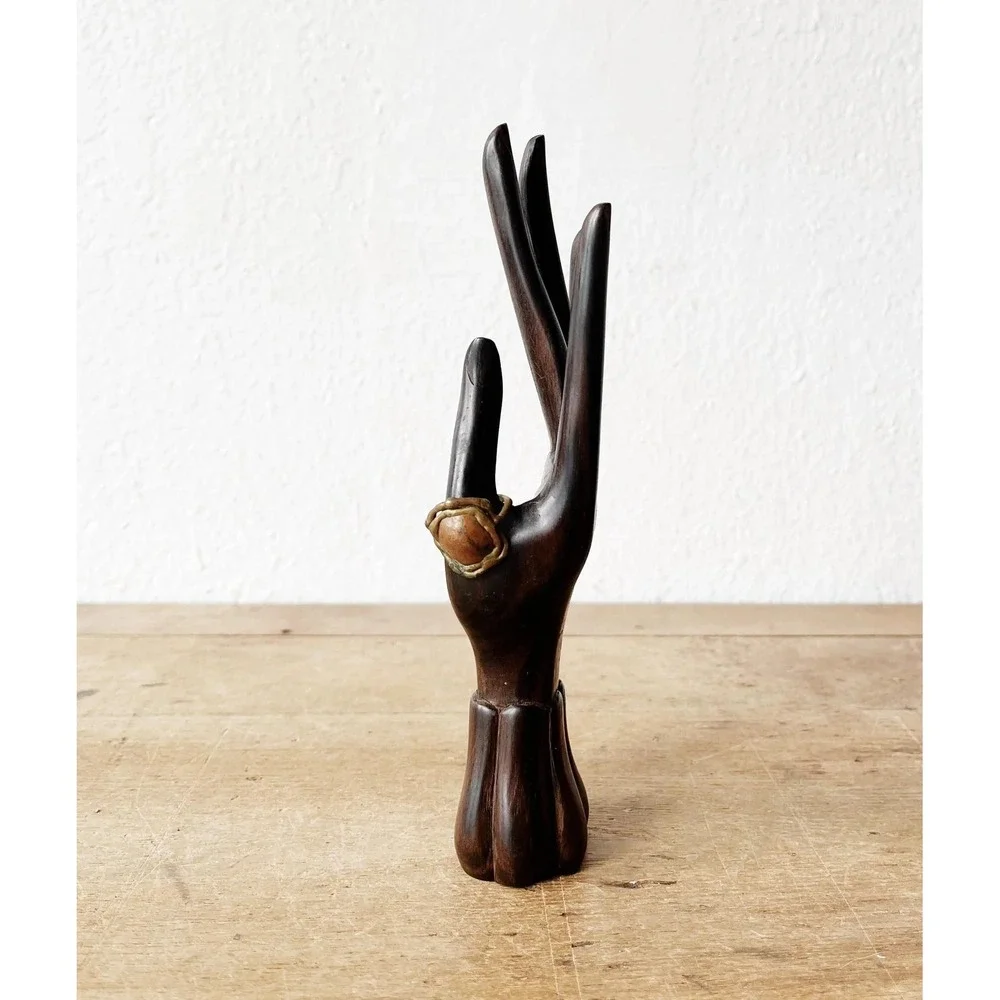 Vintage Hand Carved Wood Jewelry Display Stand Ring Holder Dark Brown 8 Inch